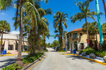 Landscape view of street of Miami. Colorful buildings on blue sky with white clouds background.  USA. Miami South Beach