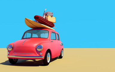 Small retro car with baggage, luggage and beach equipment on the roof, fully packed, ready for summer vacation, cartoon concept of a road trip, blue background and bright red car,