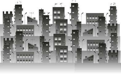 Sketch, contour of urban houses in gray. Suitable for emblem, symbol, logo, advertisement, label, background image