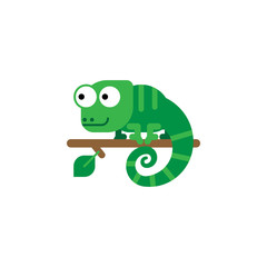 Cute green chameleon walking on a tree branch, logo illustration vector