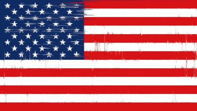 Tv damages USA american flag, failure pixels screen interferences, loop