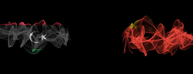 Flags of Libya and China on Black background, Libya vs China Smoke Flags