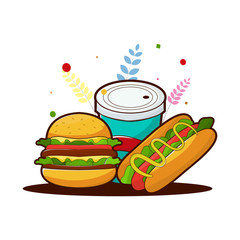Fast food cartoon style illustration concept with burger, hot dog and soda drink icons suitable for banners, flyers, stickers, backgrounds and more