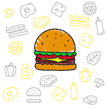 Burger and it's ingredients vector illustration in cute colorful hand drawn doodle style 