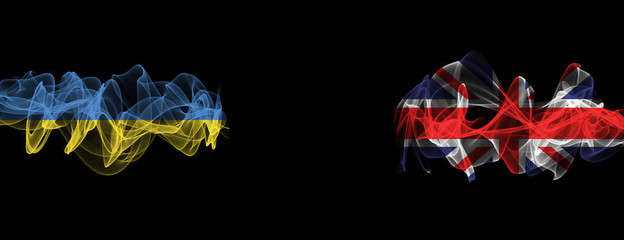 Flags of Ukraine and United Kingdom on Black background, Ukraine vs United Kingdom Smoke Flags