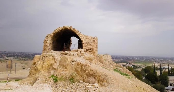 Drone around ancient gate to enter the road between Jericho and Jerusalem.