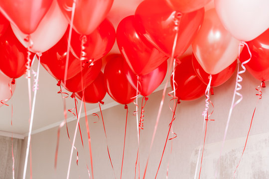 Lots of red and white balloons with curly ribbons in white room for romantic and children's holidays with copy space background