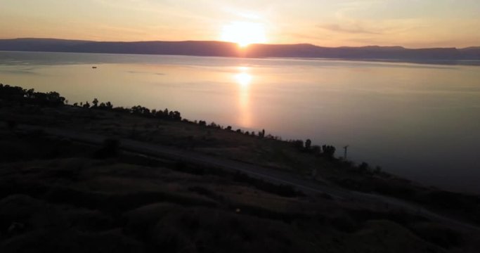 Drone over the Sea of Galilee at sunset.