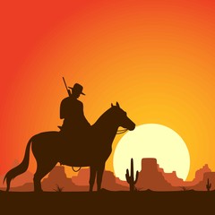 Cowboys riding horses in desert. Freedom man silhouette, sun and landscape, people american. Vector illustration