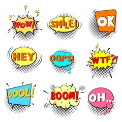 Collection of nine multicolored comic sound Effects