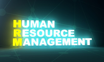 Illustration of business acronym term HRM - Human Resource Management. 3D rendering. Neon bulb illumination