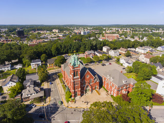 Woonsocket Precious Blood Church aerial view in downtown Woonsocket, Rhode Island RI, USA. This...