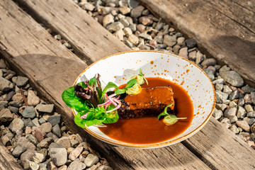 Borrego tatemado en salsa de tomate con ensalada de lechuga y cebolla curtida carne asada a la...