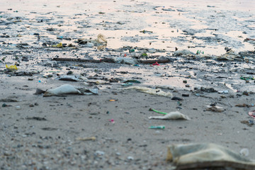 Beach pollution. Plastic bottles and other trash on sea beach