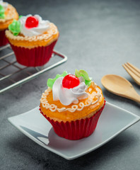 Cupcake on modern table,Food desert concept background.