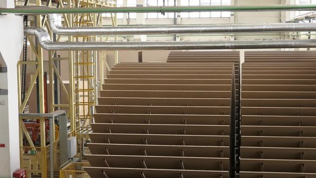 Workshop for the production of particle boards. Manufacture of chipboard, veneer, plywood, wood panels. Wood processing. Woodworking industry. Plywood production at the factory, conveyor and workshop