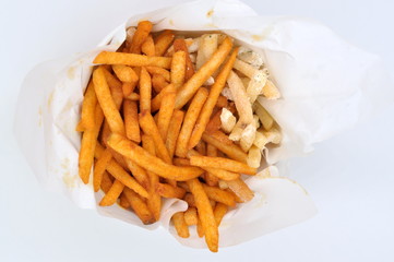 top view of barbecue flavored french fries with isolated on white background
