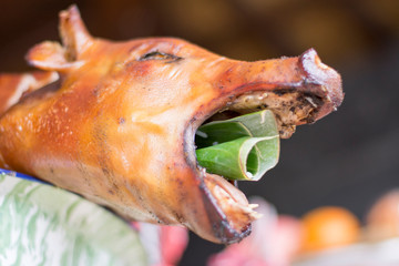 Balinese traditional suckling pig pork food used as a sacrifice at cultural hindu festival