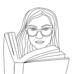  vector illustration coloring book girl with vochki reading a book on a white background isolated drawing
