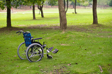 Fototapeta na wymiar A blue wheelchair is parked on the open grass in the forest