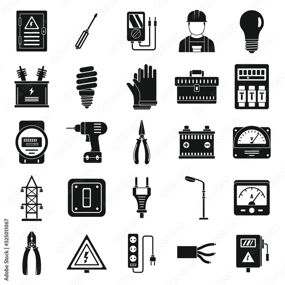 Poster electrician service worker icons set. simple set of electrician service worker vector icons for web 