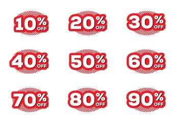 Sale and discount labels. Price off tag icon flat design collection set. 10, 20, 30, 40, 50, 60, 70, 80, 90 percent sale. Vector illustration.