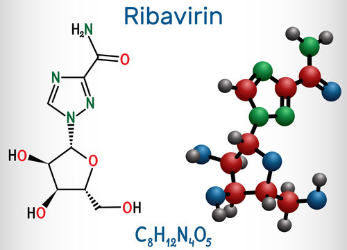 Ribavirin, tribavirin, C8H12N4O5 molecule. It is antiviral medication for treatment RSV infection, hepatitis C, some viral hemorrhagic fevers, coronavirus COVID-19.