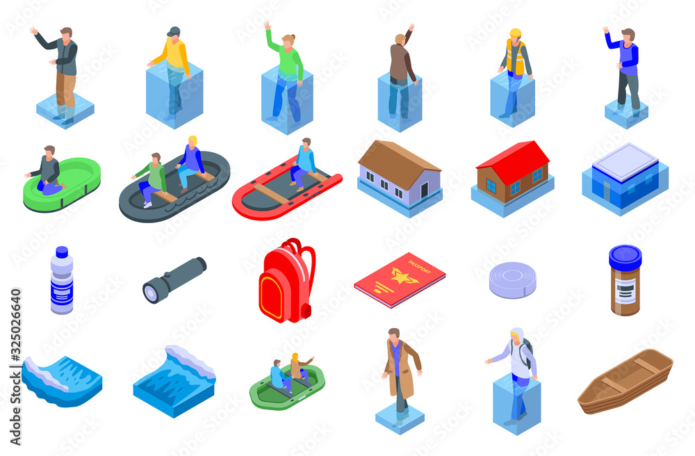 Poster flood icons set. isometric set of flood vector icons for web design isolated on white background