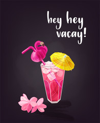 Seasonal composition with travel vacation quote, sunglasses, cocktail, travel map and flower. 