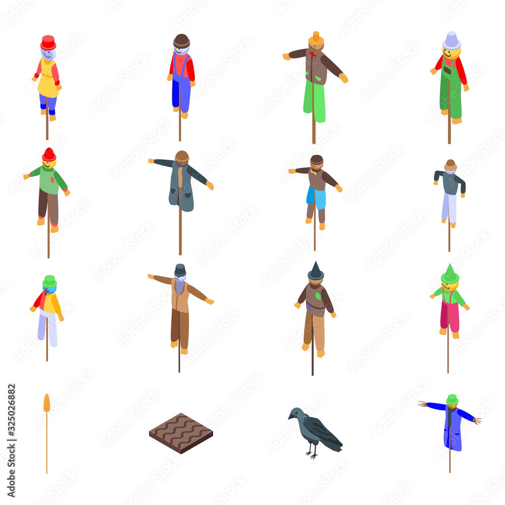Poster scarecrow icons set. isometric set of scarecrow vector icons for web design isolated on white backgr
