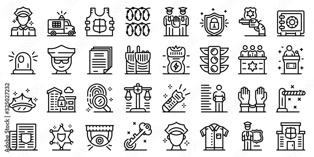 Poster policeman icons set. outline set of policeman vector icons for web design isolated on white backgrou