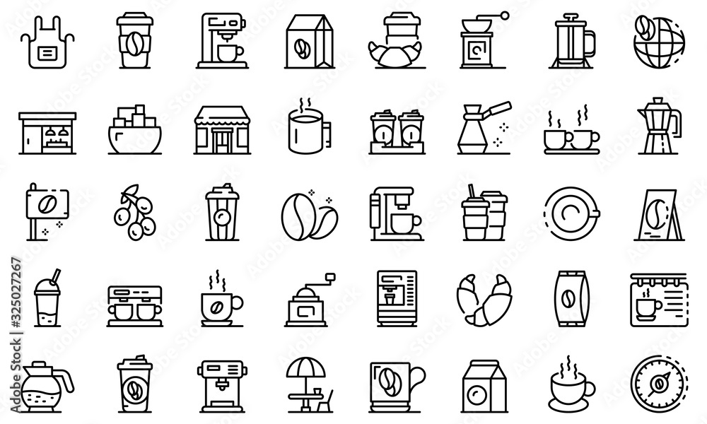 Poster coffee shop icons set. outline set of coffee shop vector icons for web design isolated on white back