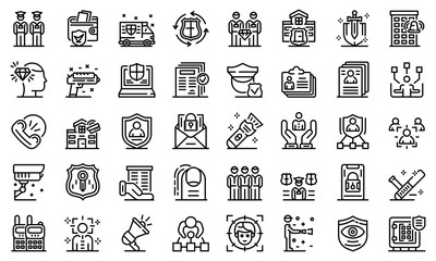 Personal guard icons set. Outline set of personal guard vector icons for web design isolated on white background