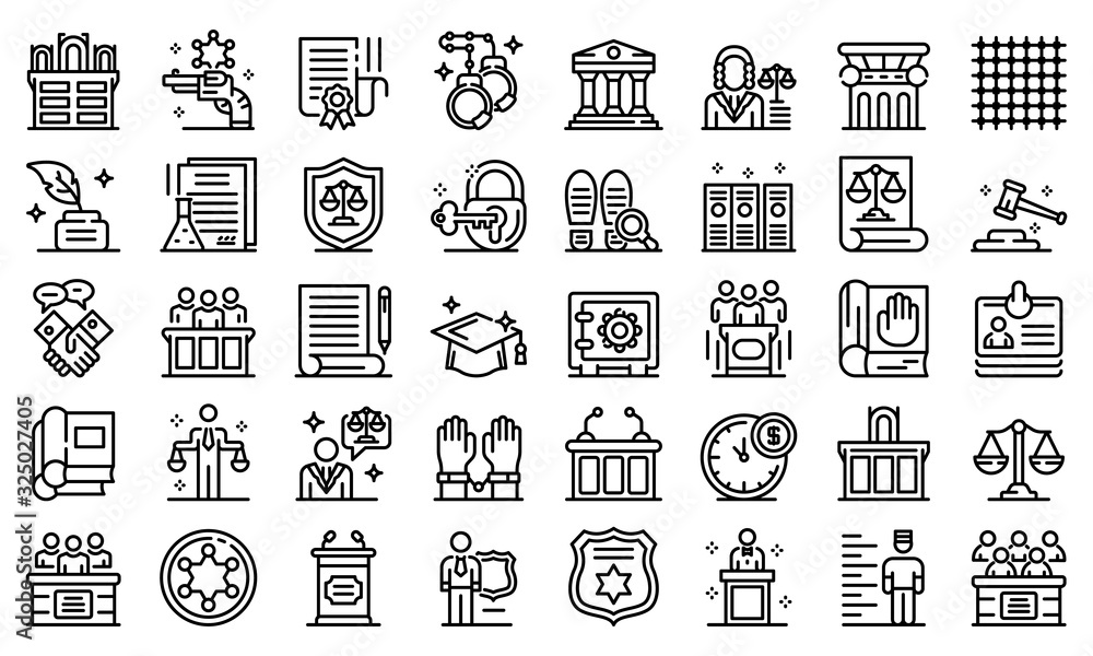 Poster prosecutor icons set. outline set of prosecutor vector icons for web design isolated on white backgr