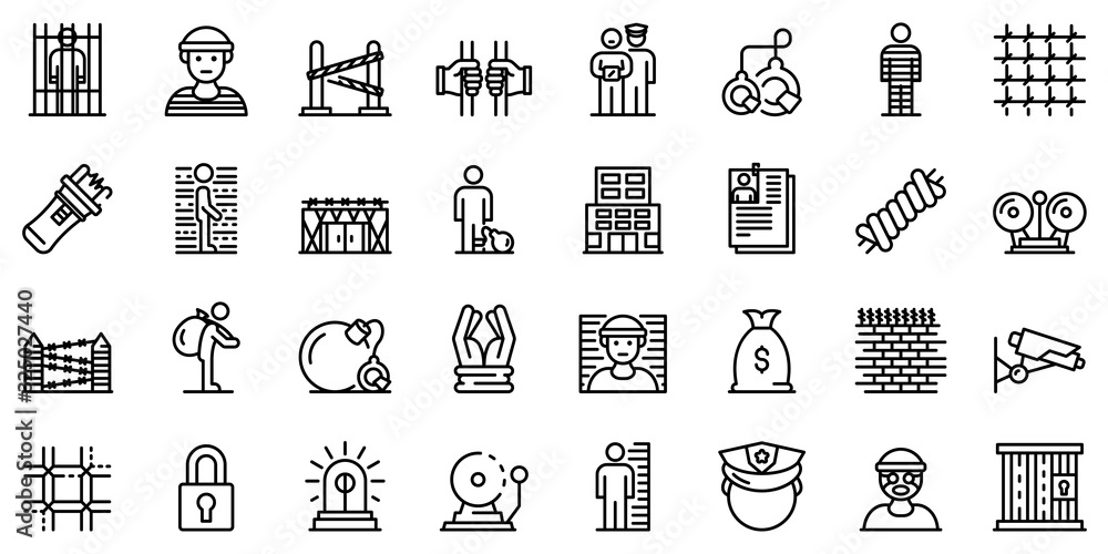 Poster prison icons set. outline set of prison vector icons for web design isolated on white background