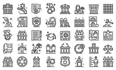 Prosecutor icons set. Outline set of prosecutor vector icons for web design isolated on white background