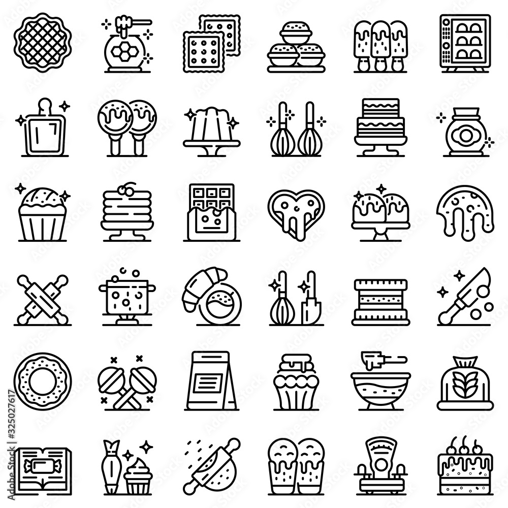 Poster confectioner icons set. outline set of confectioner vector icons for web design isolated on white ba