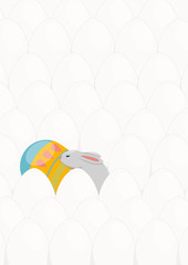 Easter card. Little cute rabbit near a decorated easter egg. Background of white eggs. Vector illustration