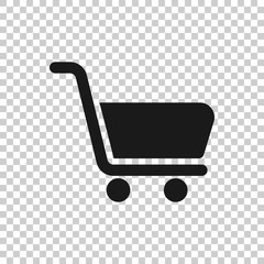 Shopping cart icon in flat style. Trolley vector illustration on white isolated background. Basket business concept.