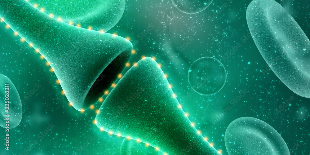 Poster synapse and neuron cells sending electrical chemical signals. 3d rendering