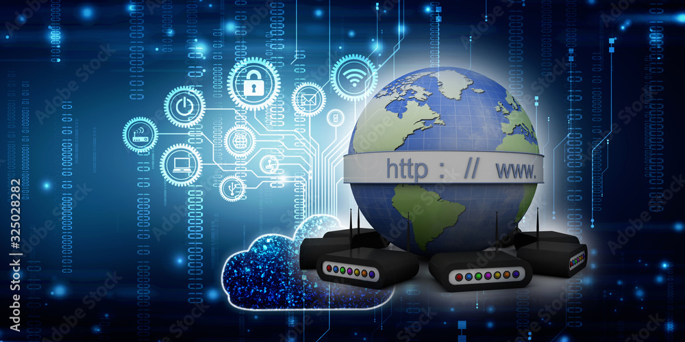 Poster 3d rendering transmitter wifi with www