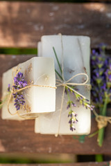 Fototapeta na wymiar Top view of natural lavender soap good for skin