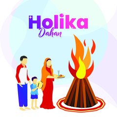 Illustration of family celebrating Holika Dahan. Burning of Holika. Indian DFestival illustration