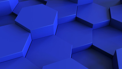 3d render. Blue volumetric hexagons as background, panel and texture.