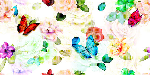 Wide floral vintage seamless background pattern. Roses flowers, magnolia with leaf and butterfly around on white. Watercolor abstract, hand drawn, vector - stock.