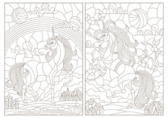 Fototapeta na wymiar Set of contour illustrations in stained-glass style unicorns on the background of landscapes, dark contours on a white background