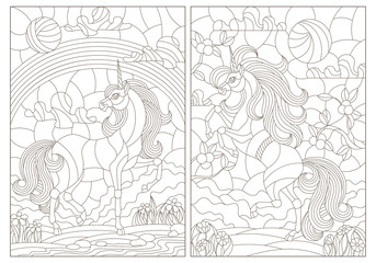 Set of contour illustrations in stained-glass style unicorns on the background of landscapes, dark contours on a white background