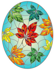 Fototapeta na wymiar Illustration in stained glass style with colorful leaves of chestnut on a blue background, oval image