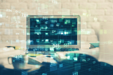 Multi exposure of desktop computer and technology theme hologram. Concept of software development.