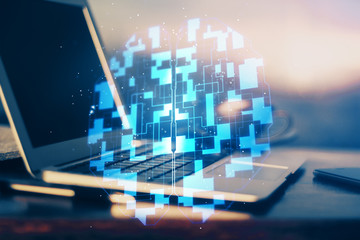 Obraz premium Double exposure of desktop computer and technology theme hologram. Concept of software development.